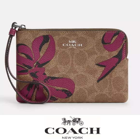 🎁 Coach Corner Zip Wristlet In Signature Canvas With Bow Print - Picture 1 of 9